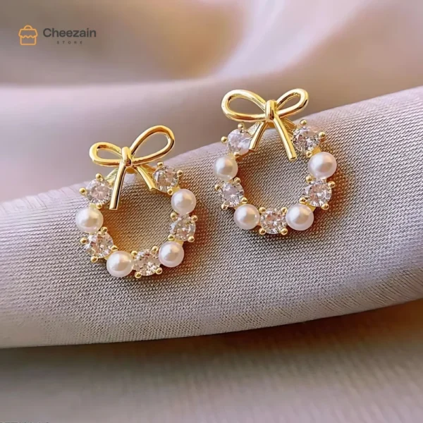 Elegant Pearl Bow Tops Pair for Women – Gold Plated Earrings